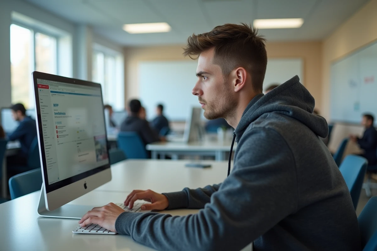 Jeune homme utilisant l'intranet MFR sur un ordinateur de bureau dans une salle commune de centre de formation