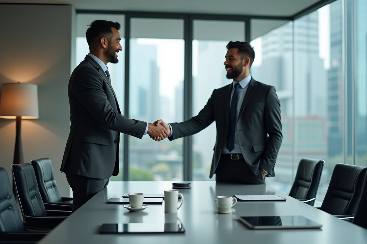 Entrepreneur et partenaire commercial scellant un accord professionnel dans une salle de réunion moderne, symbolisant le développement des services aux entreprises