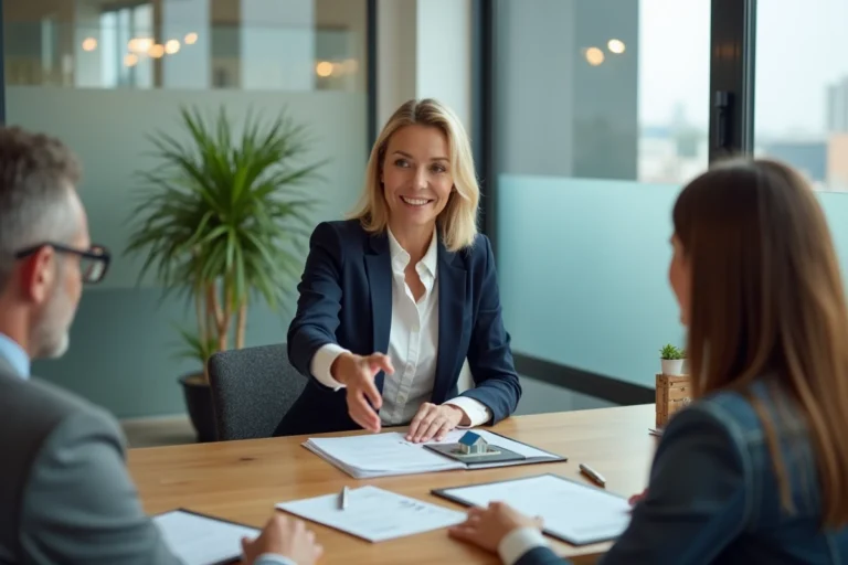 Agent immobilière serrant la main d'un couple lors de la signature d'une transaction immobilière dans une agence moderne