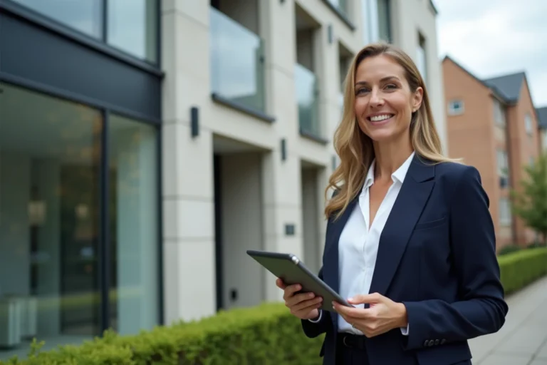 Agente immobilière professionnelle devant un immeuble résidentiel moderne tenant une tablette avec des plans architecturaux