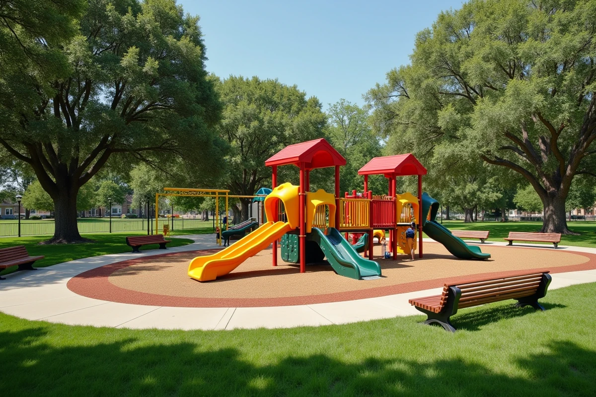 Aire de jeux collectivité bien aménagée avec structures modulaires colorées, sol en caoutchouc sécurisé et espaces verts en arrière-plan