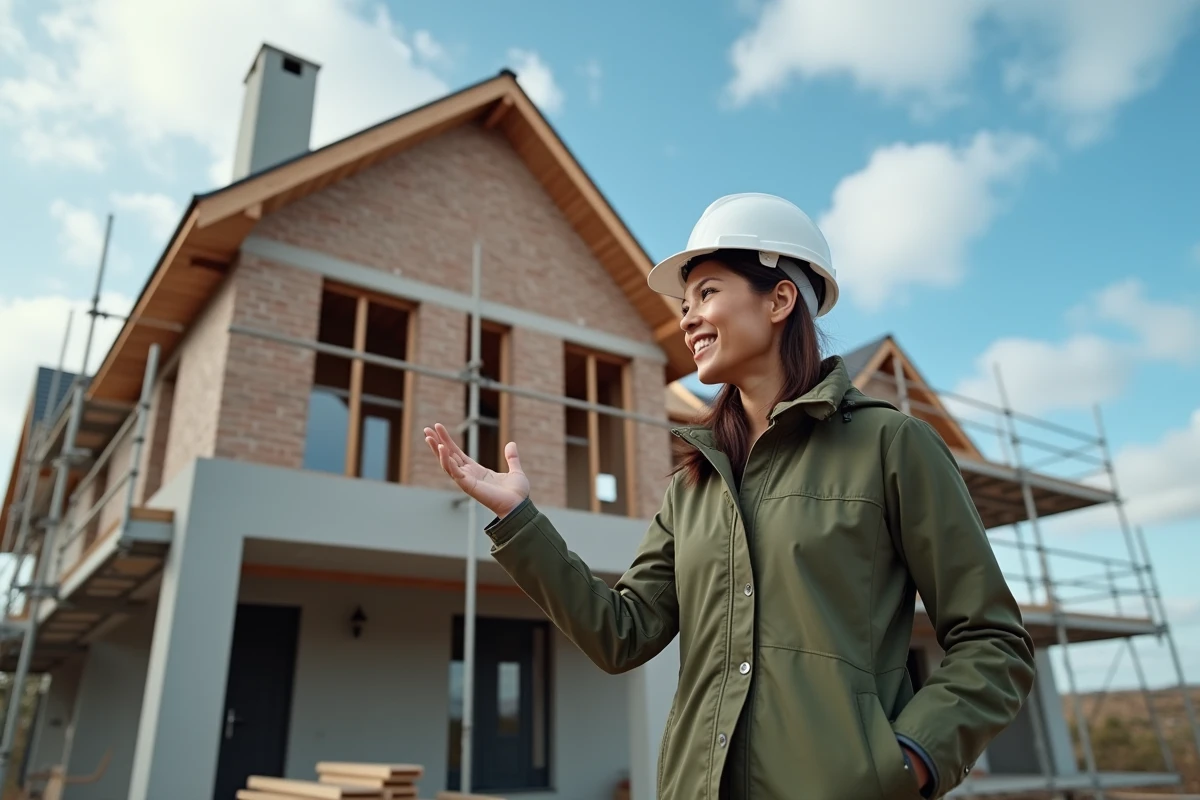 Architecte féminine supervisant la façade d'une maison individuelle en construction avec échafaudage