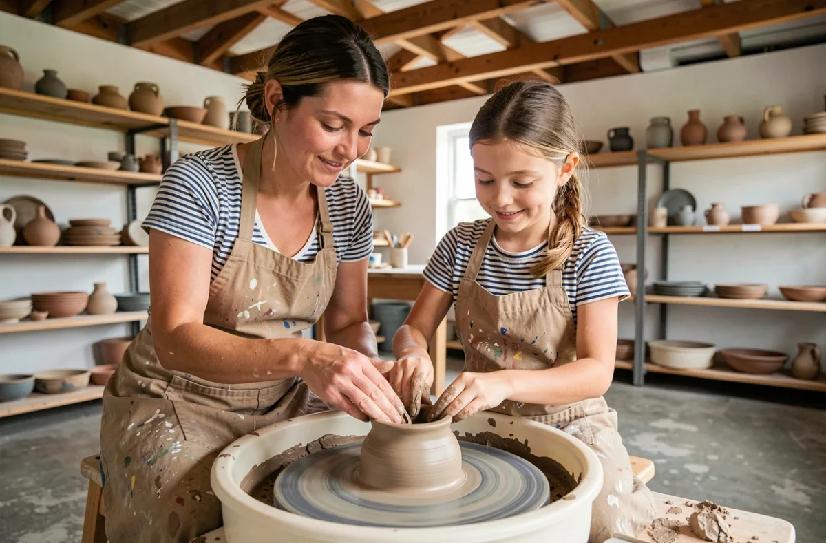 Mère et fille créant ensemble une poterie lors d'un atelier artistique familial dans un studio communautaire
