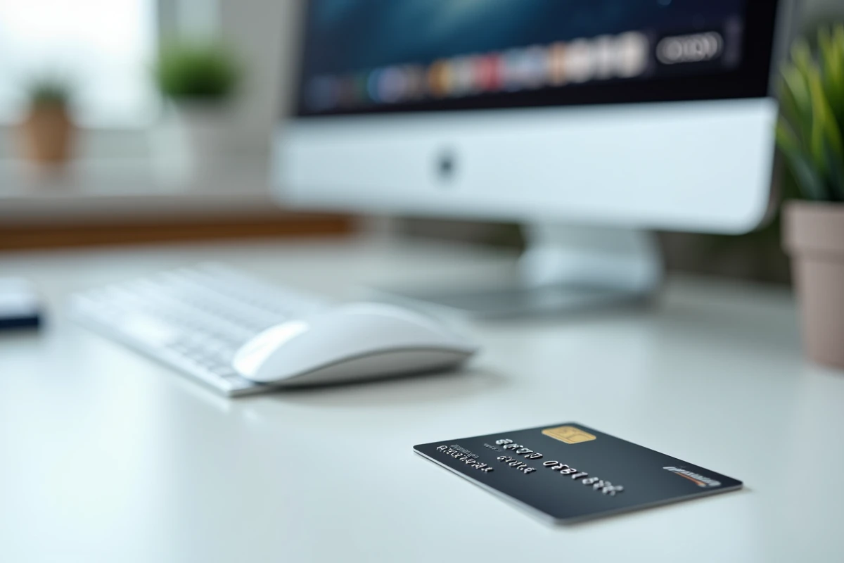 Carte bancaire posée sur un bureau avec confirmation de commande Amazon visible sans authentification 3D Secure