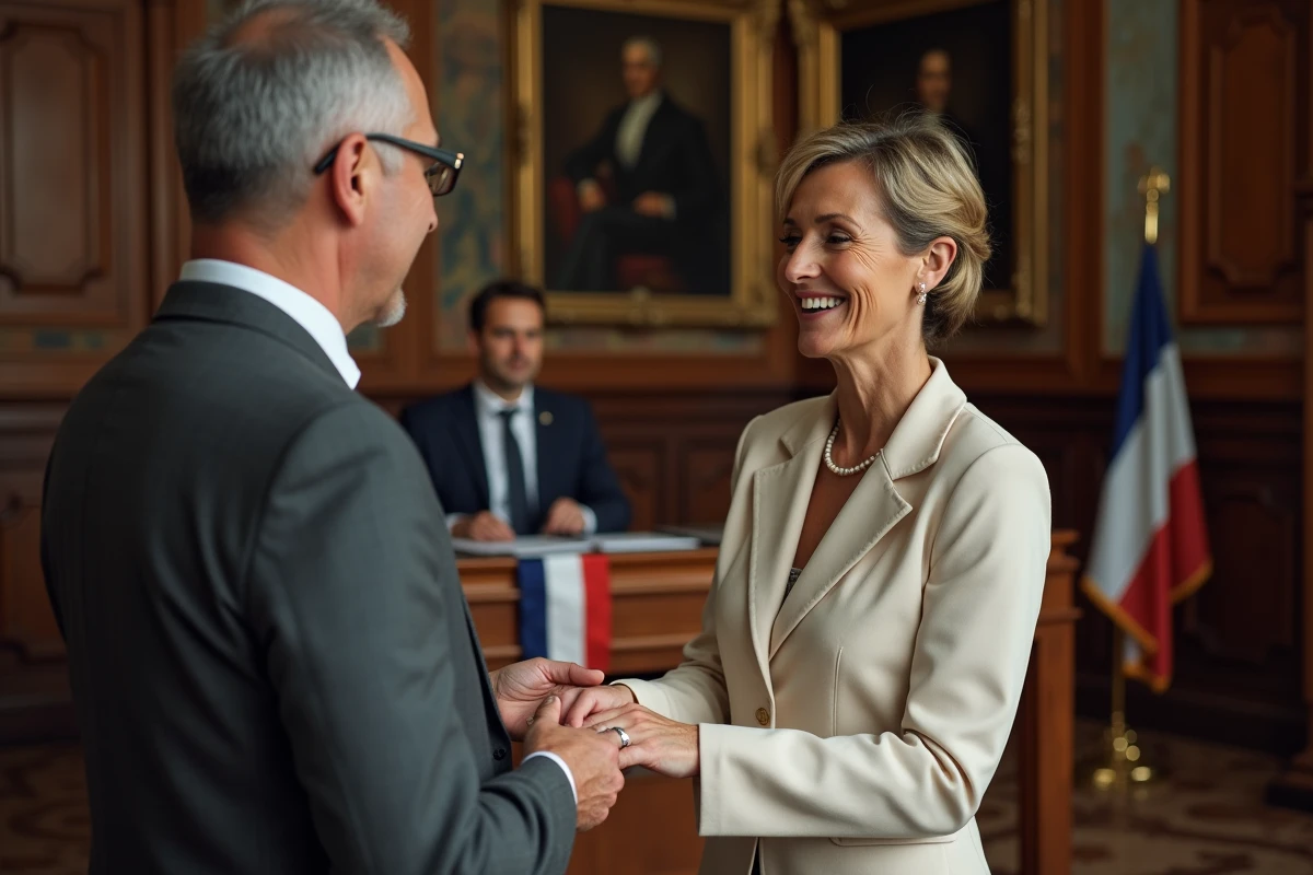 Échange d'alliances lors d'une cérémonie civile dans une mairie française