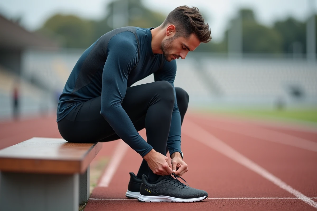 Coureur qui lace ses chaussures à plaque carbone sur le bord d'une piste d'athlétisme sans réduire son volume d'entraînement