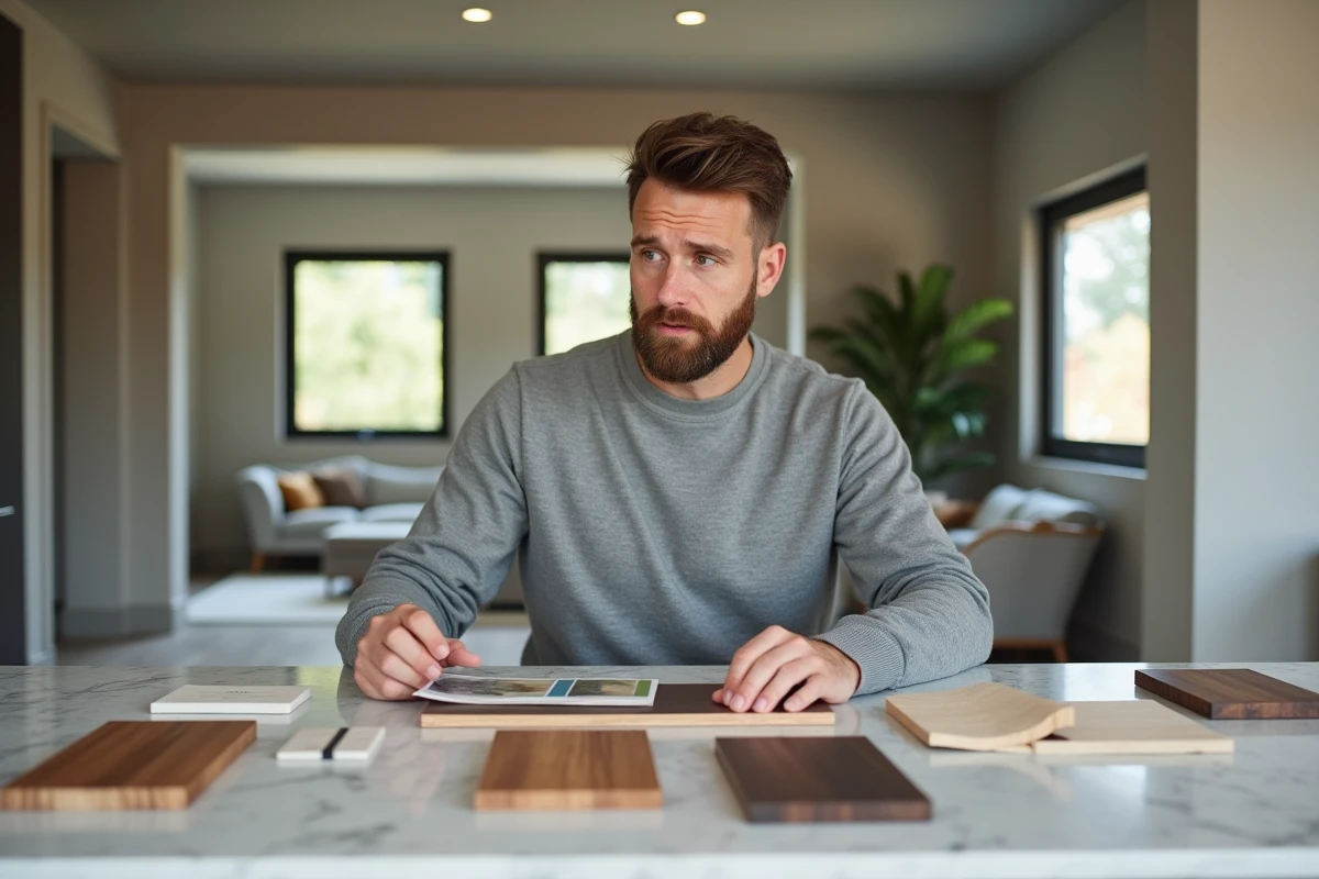 Homme choisissant des matériaux de finition pour sa future maison dans un intérieur moderne neuf