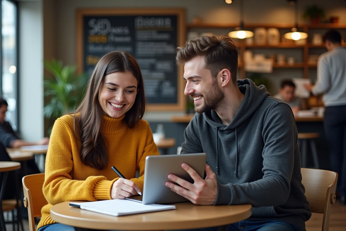 Deux professionnels collaborant sur une stratégie SEO autour d'une tablette dans un espace de coworking