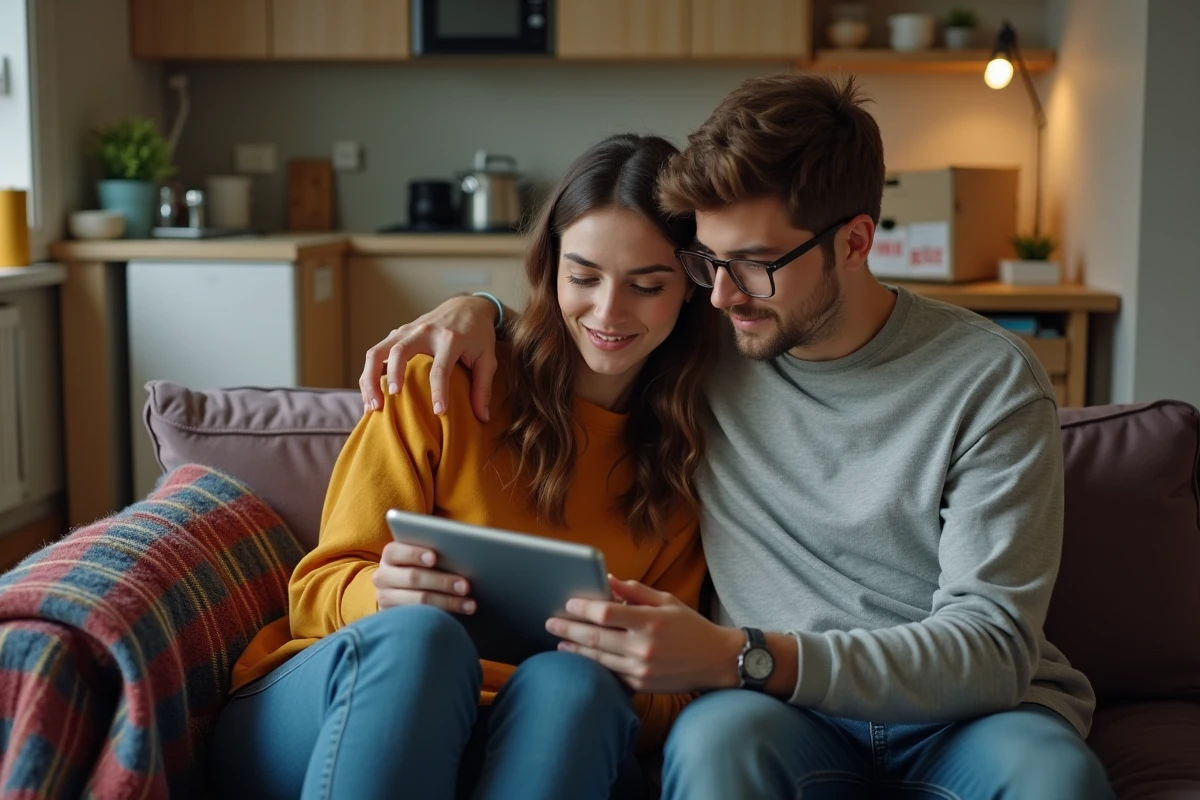 Deux étudiants colocataires consultant ensemble un simulateur d'APL sur une tablette dans leur appartement