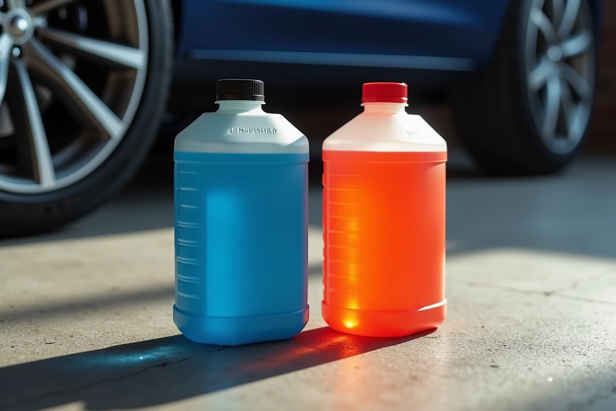 Comparaison côte à côte du liquide de refroidissement orange et du lave-glace bleu en bouteilles sur un sol de garage