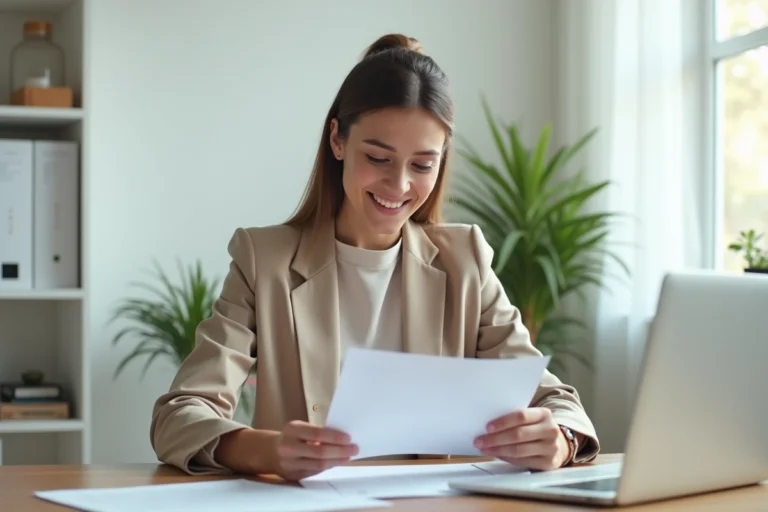Jeune femme professionnelle consultant des documents administratifs pour une prime d'installation à son bureau à domicile