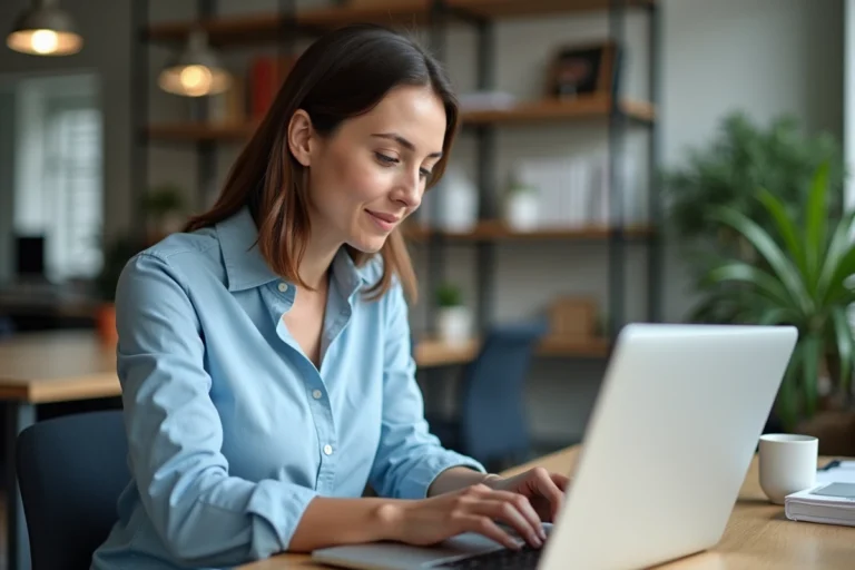 Femme connectée à l'intranet MFR sur un ordinateur portable dans un bureau professionnel
