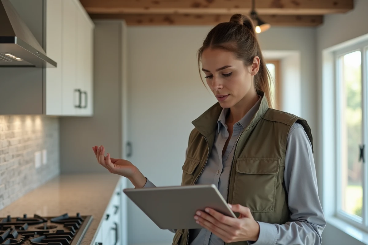 Consultante en renovation cuisine examinant carrelage