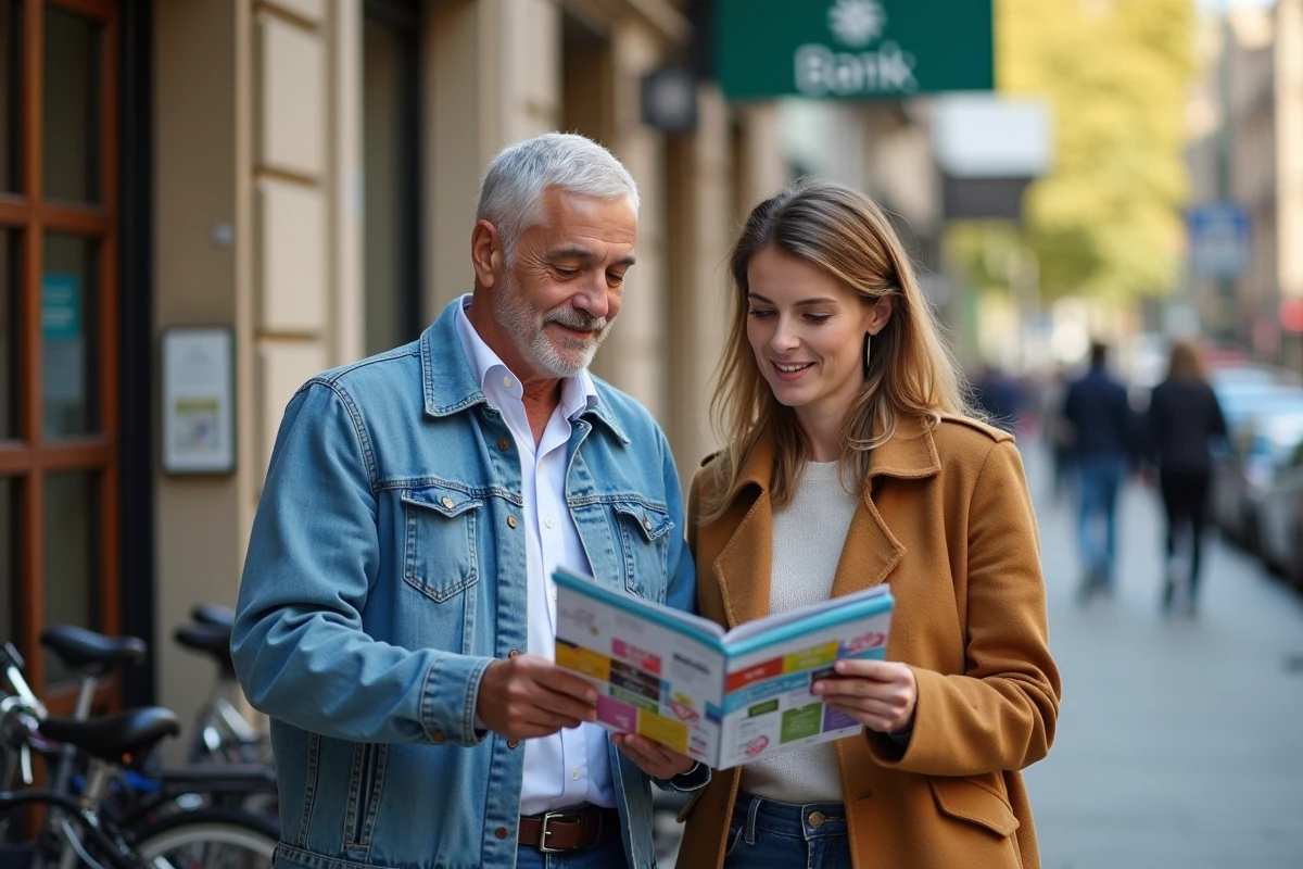 Couple discutant devant une banque en milieu urbain