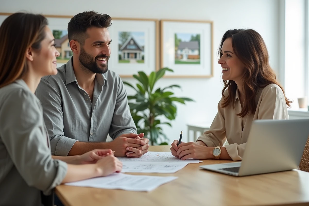 Couple de trentenaires consultant un agent immobilier dans une agence moderne pour l'achat d'un bien en 2024