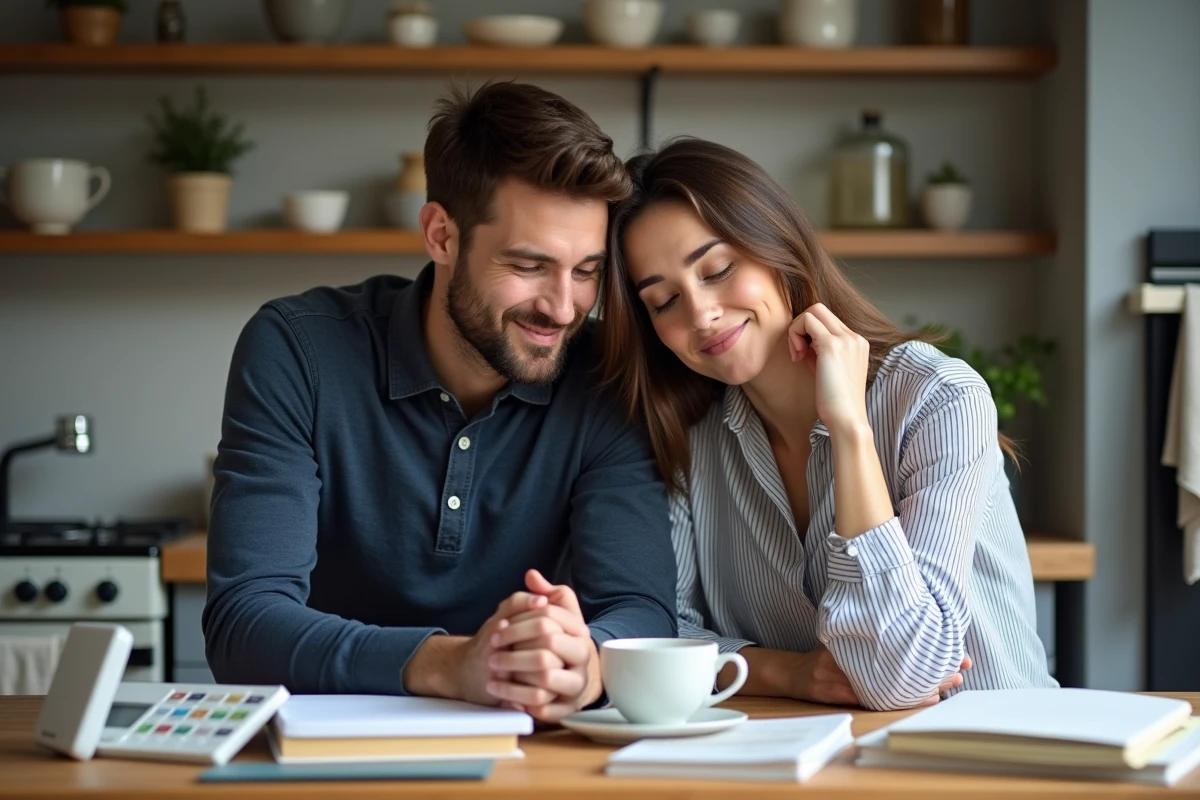 Couple de jeunes parents discutant autour d'une table de cuisine avec livres et accessoires de puériculture, ambiance authentique du quotidien