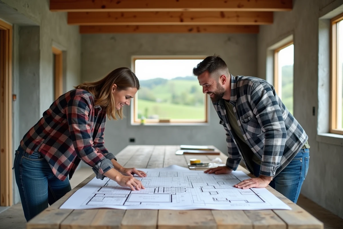 Couple examinant les plans de construction de leur future maison sur un chantier en cours