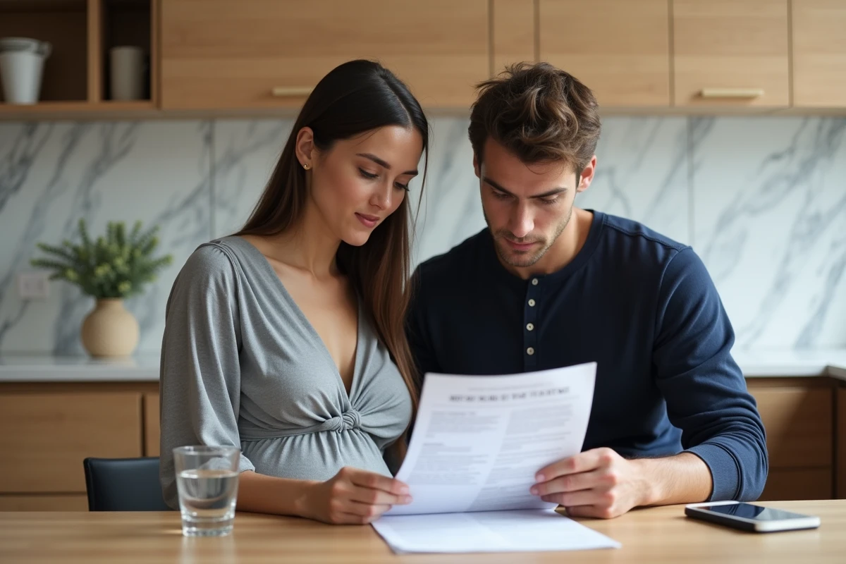 Couple enceinte préparant un plan de naissance ensemble à la maison avant l'accouchement