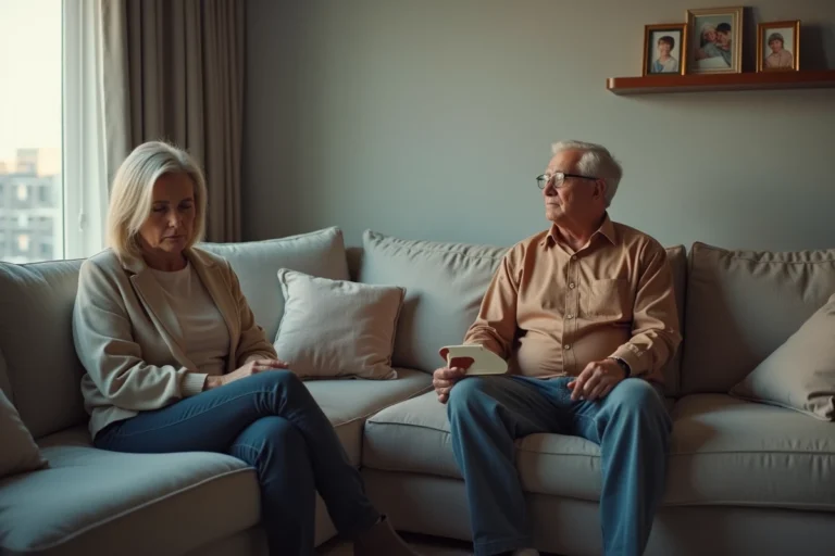 Couple d'adultes en réflexion dans un salon familial