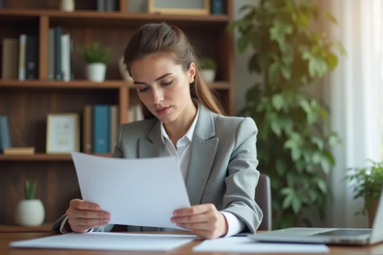 Femme consultant une fiche d'immeuble administrative à son bureau à domicile