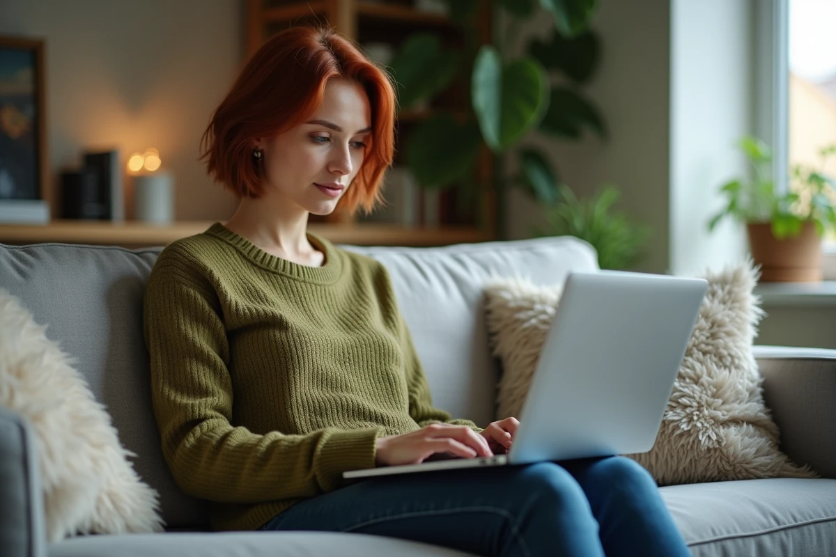 Femme effectuant une demande de fiche d'immeuble en ligne depuis son appartement