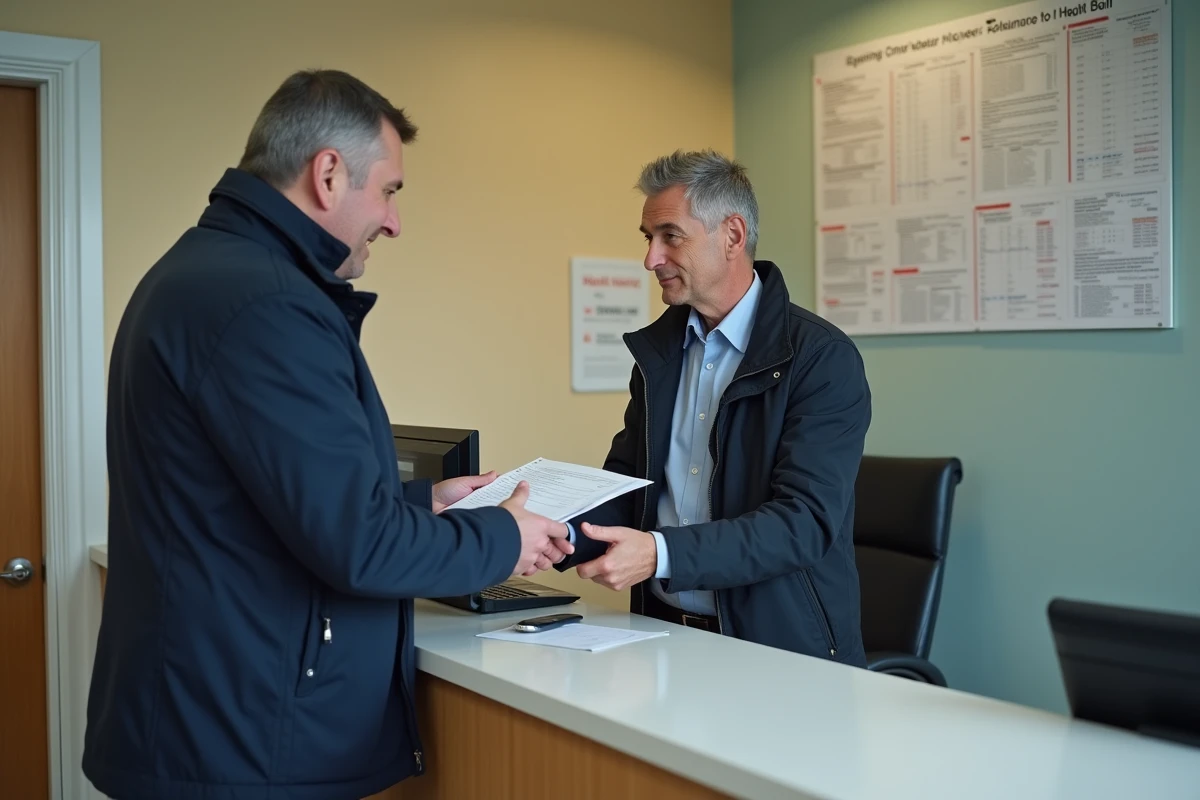 Homme déposant une demande de fiche d'immeuble au guichet d'une mairie