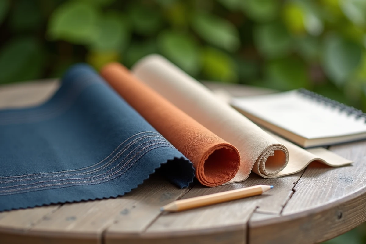 Comparaison de trois échantillons de tissu pour parasol de jardin en bleu marine, terracotta et écru sur table en chêne