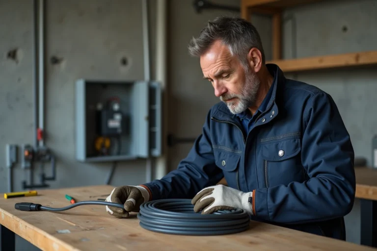 Électricien middleaged examinant un câble électrique R2V