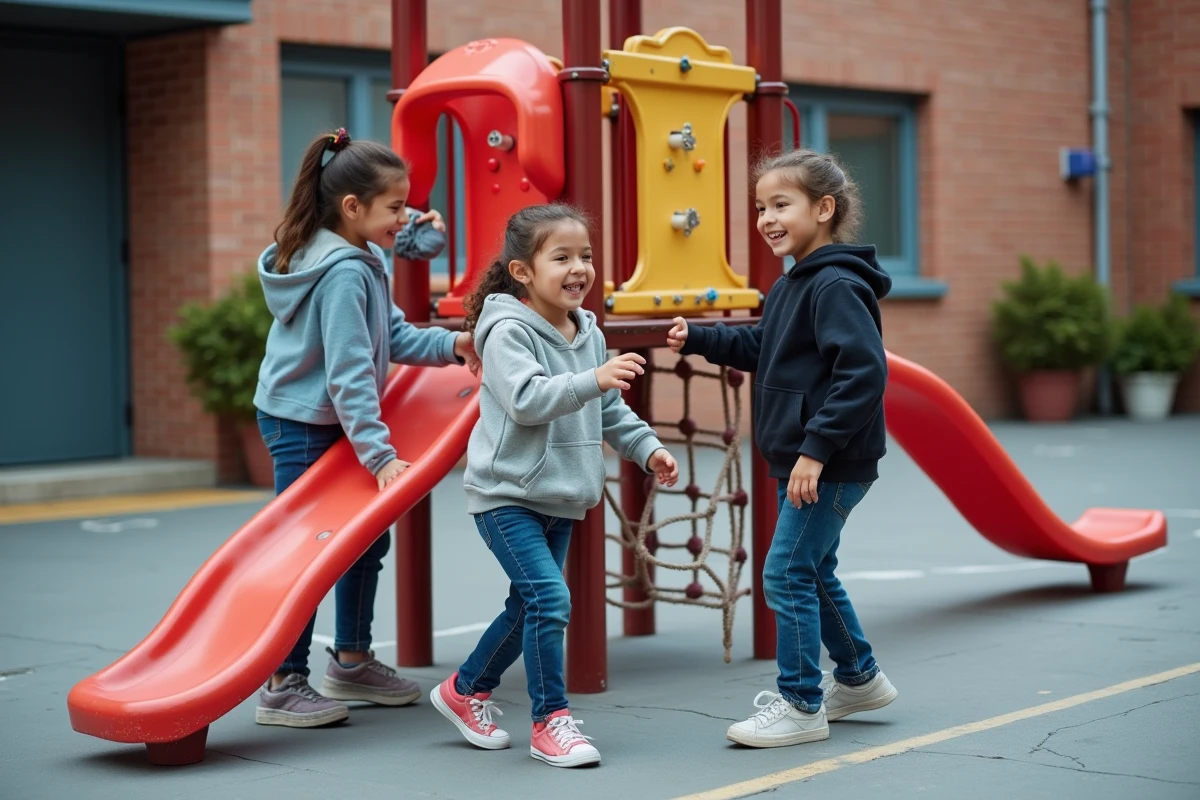 Enfants jouant sur une aire de jeux inclusive et sécurisée dans une cour d'école avec équipements accessibles PMR