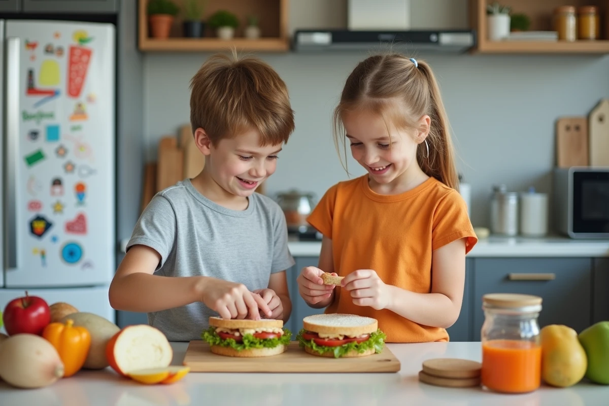Deux enfants préparant des sandwichs dans la cuisine moderne