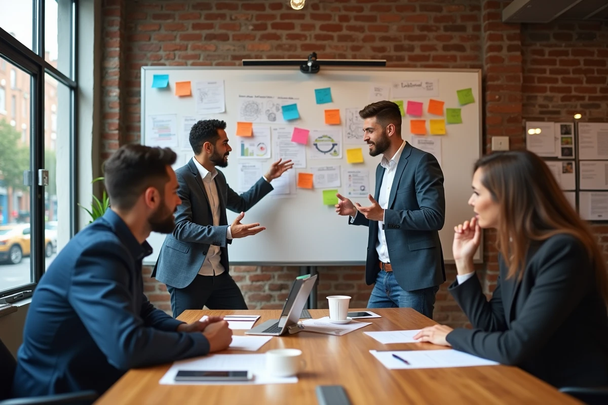 Équipe professionnelle diversifiée en session de brainstorming stratégique dans un espace de coworking moderne, pour booster l'activité d'une entreprise