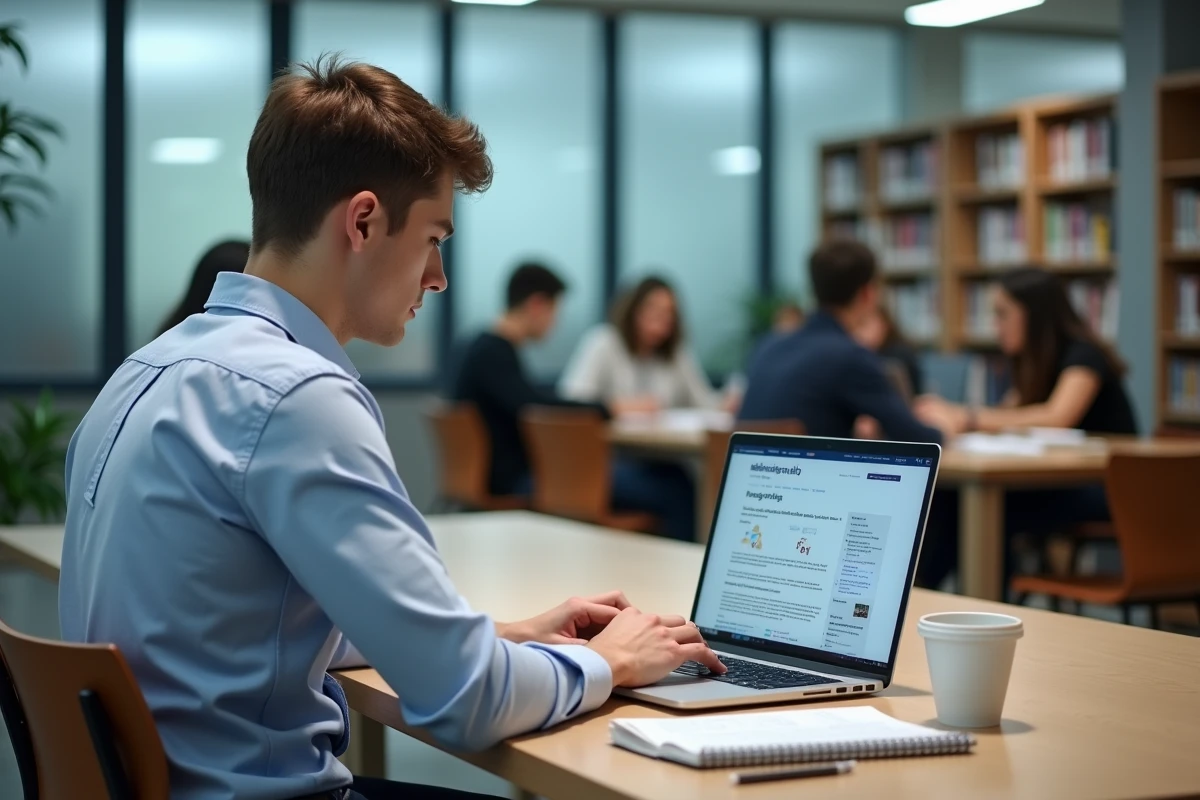 Étudiant simulant le montant de ses APL sur le site de la CAF dans une bibliothèque universitaire