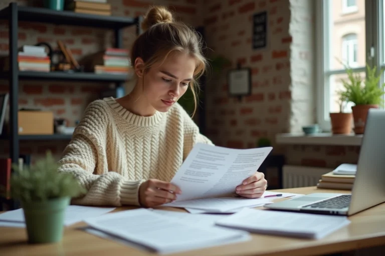 Étudiante calculant ses droits aux APL dans son appartement avec des documents administratifs