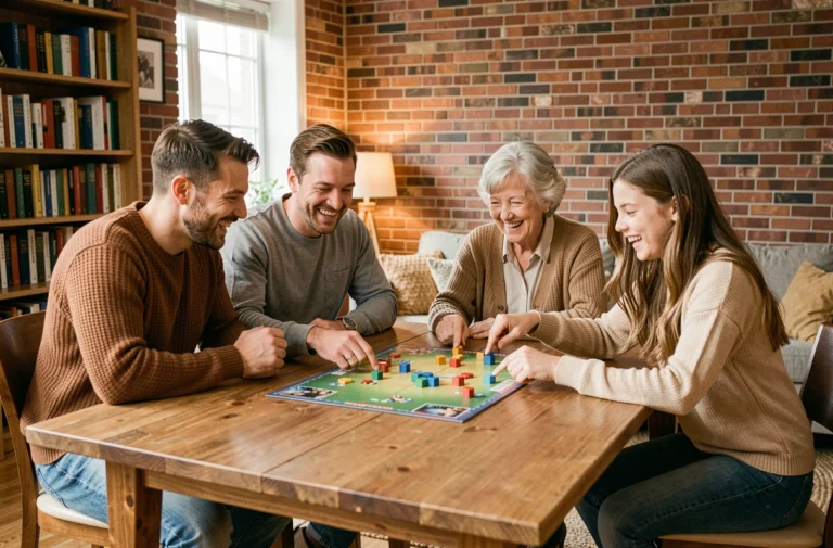 Famille multigénérationnelle jouant à un jeu de société moderne autour d'une table en bois dans un salon chaleureux