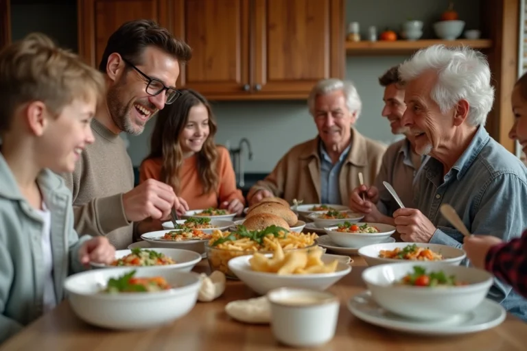 Famille multigenerational partageant un repas convivial à la maison