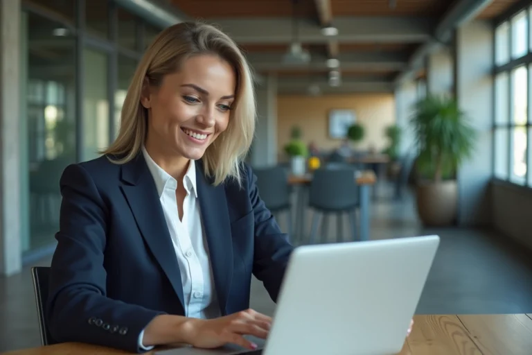 Femme d'affaires professionnelle analysant des données de croissance sur un ordinateur portable dans un bureau moderne, illustrant les services dédiés aux entreprises