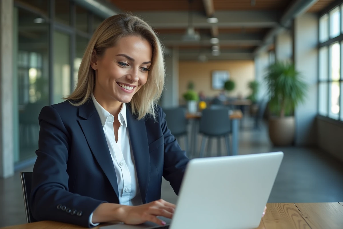 Femme d'affaires professionnelle analysant des données de croissance sur un ordinateur portable dans un bureau moderne, illustrant les services dédiés aux entreprises