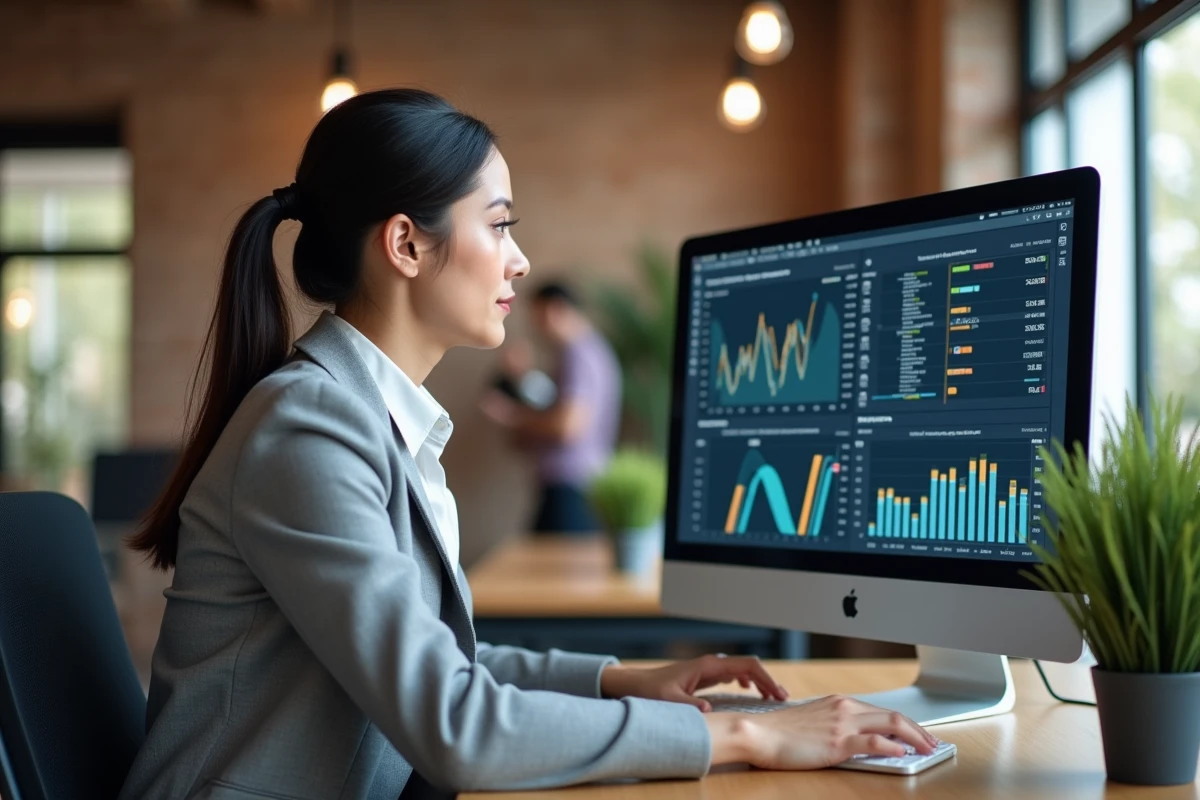 Femme professionnelle analysant une stratégie SEO sur un écran d'ordinateur dans un bureau moderne