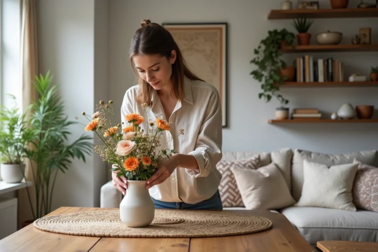 Jeune femme arrangeant des fleurs dans un vase en céramique dans un salon lumineux