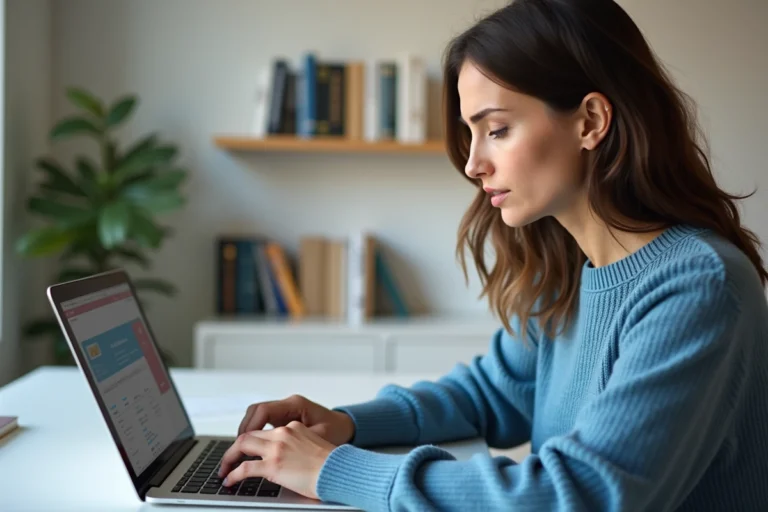Femme au bureau moderne utilisant un ordinateur portable
