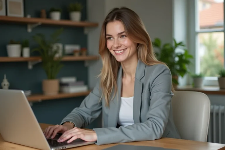 Jeune femme en bureau moderne travaillant sur son ordinateur