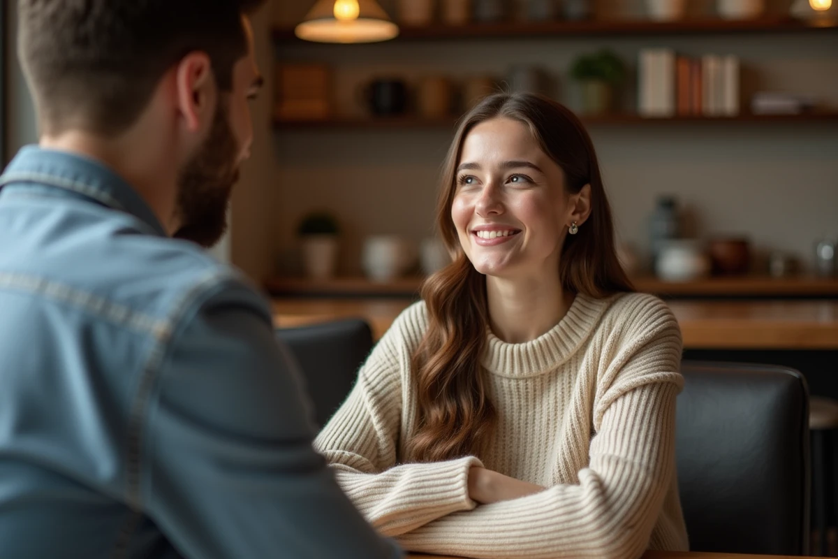 Femme souriante dans un café ambiance chaleureuse