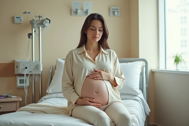 Femme enceinte assise sur un lit d'hôpital en train de respirer calmement avant l'accouchement