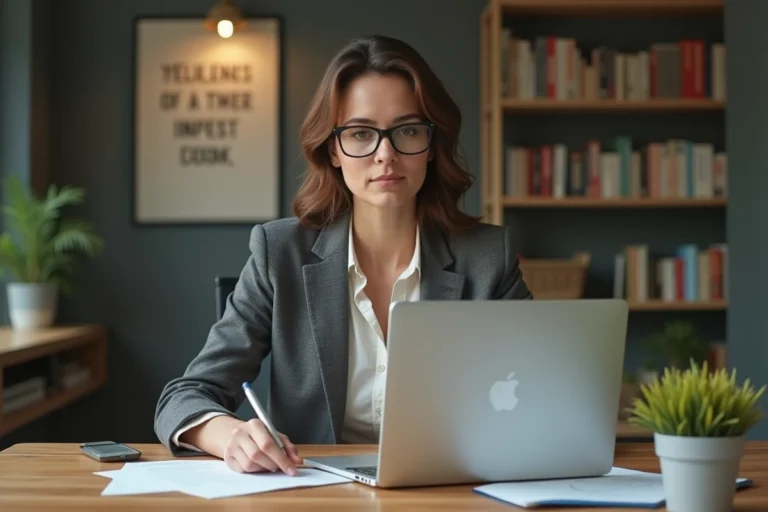 Femme entrepreneure en bureau moderne avec documents et ordinateur
