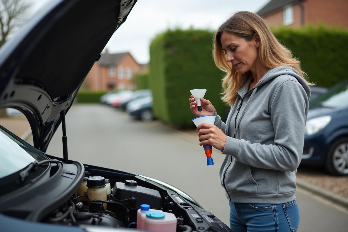 Femme lisant l'étiquette d'un bidon de liquide de refroidissement devant sa voiture dans une allée résidentielle
