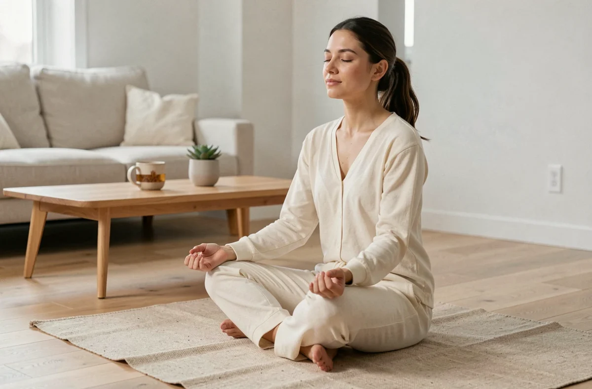 Femme pratiquant la méditation en position assise sur un tapis de yoga dans un salon minimaliste, illustrant le bien-être quotidien