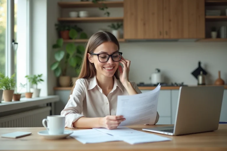 Femme souriante travaillant à la maison avec ordinateur et café