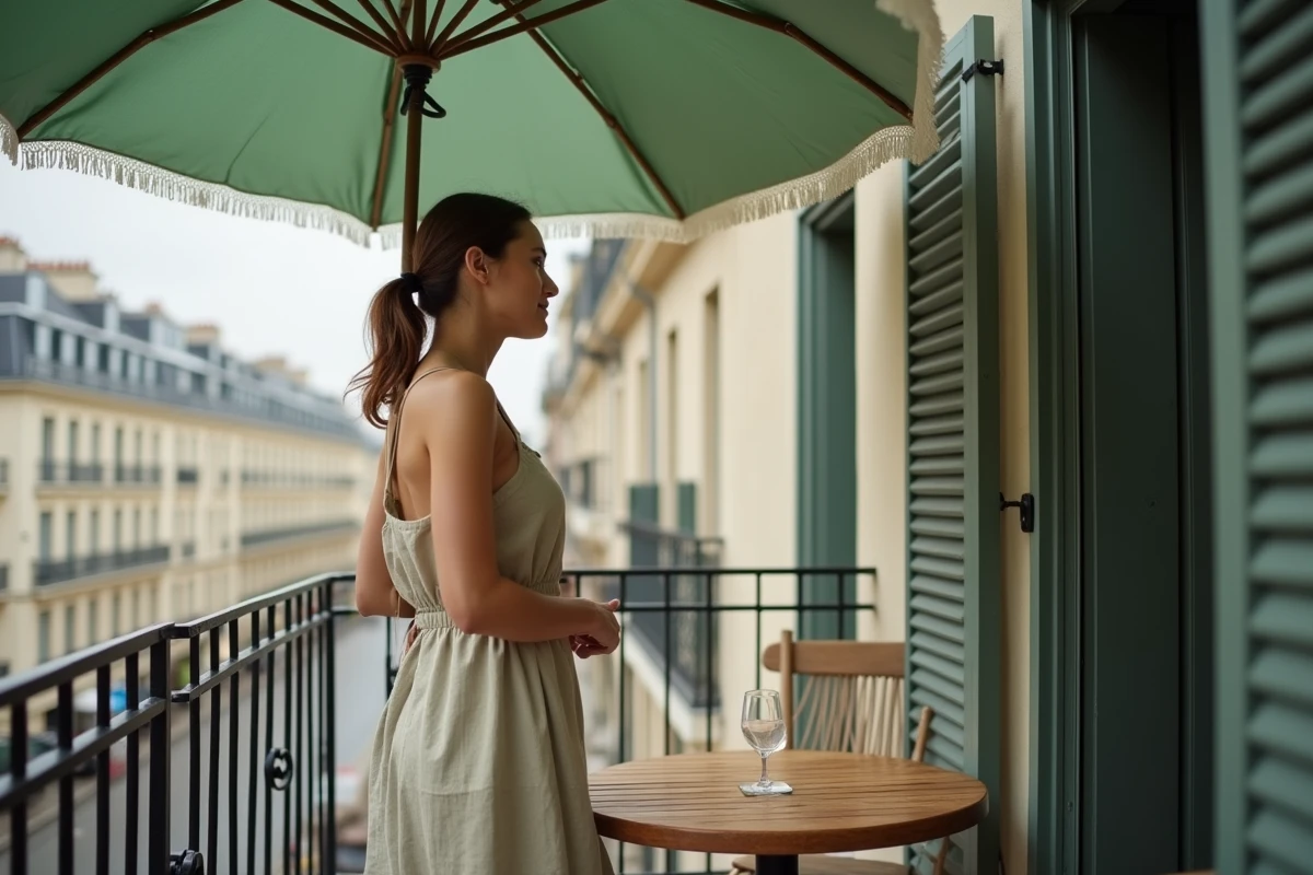 Femme installant un parasol vert sauge à franges sur un balcon parisien avec vue sur les toits