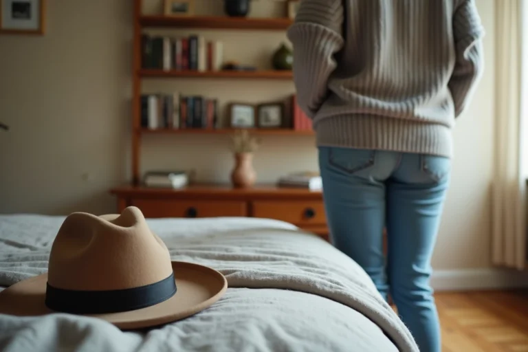 Femme réfléchissant près d'un lit avec un chapeau en feutre