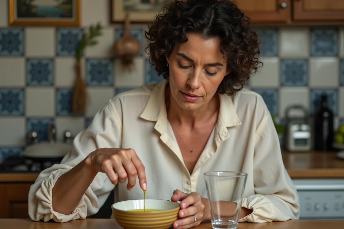 Femme pratiquant le rituel de l'huile d'olive dans un verre d'eau pour éliminer le mauvais œil à la maison
